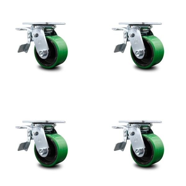 4 Inch Green Poly on Cast Iron Caster Set with Ball Bearing and Total Lock Brake
